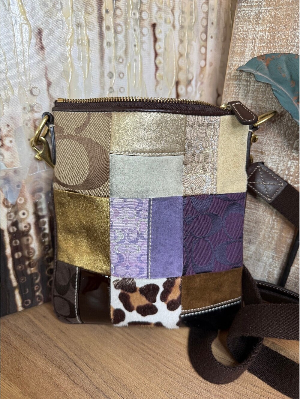 Coach Patchwork Crossbody Bag Signature Suede Leopard Metallic - Picture 6 of 10